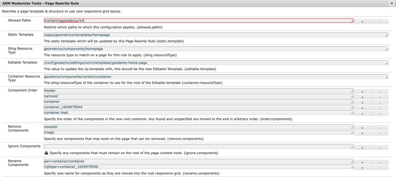 Page Rewrite Rule Service Configuration