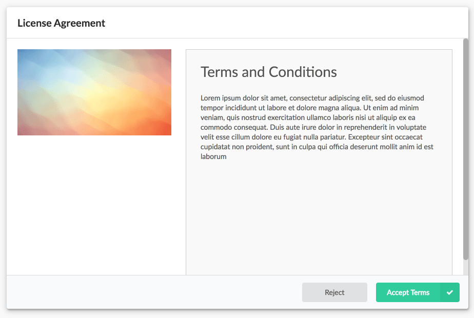 Authoring view of the license agreement - Center
