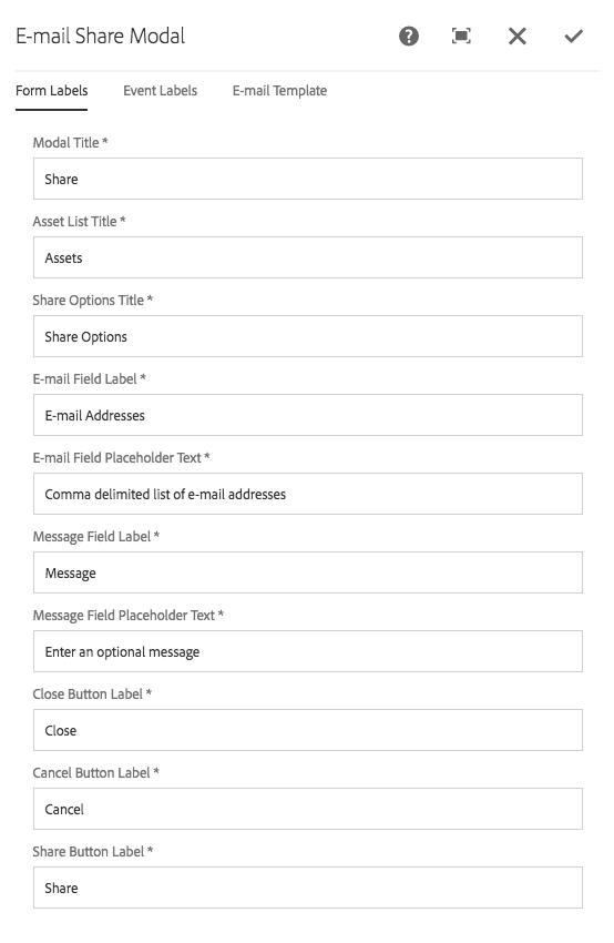 E-mail share modal form labels dialog