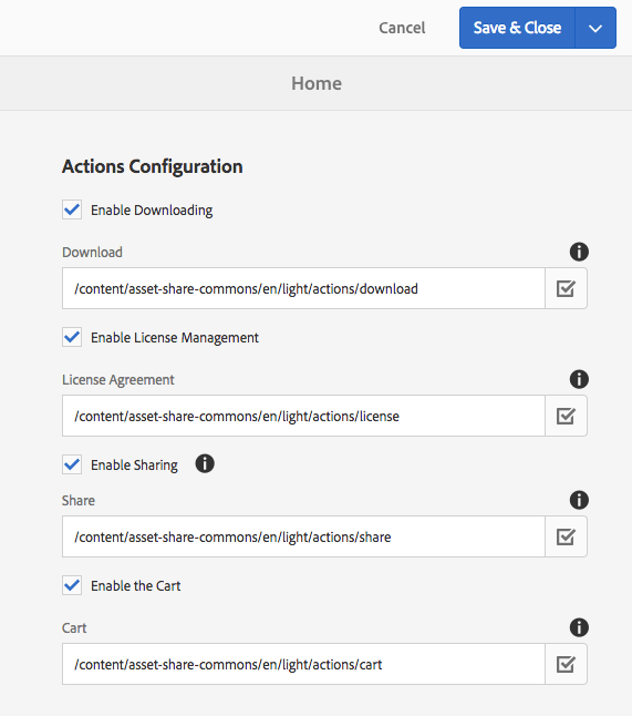 Actions configurations dialog