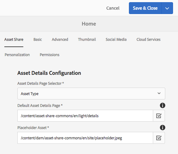 Asset Details configurations dialog